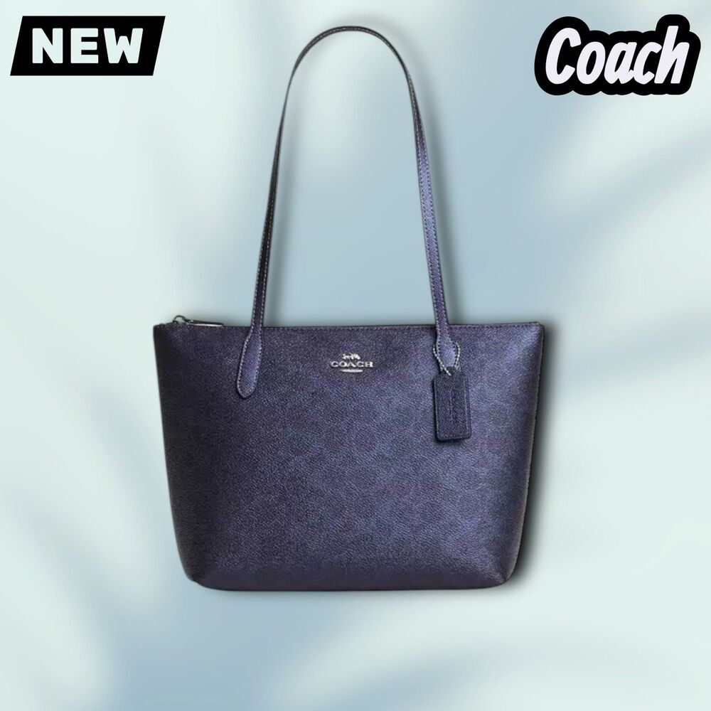 🔴New NWT Coach Fiona Zip Tote Bag in Signature Canvas – SV/Blue/Navy